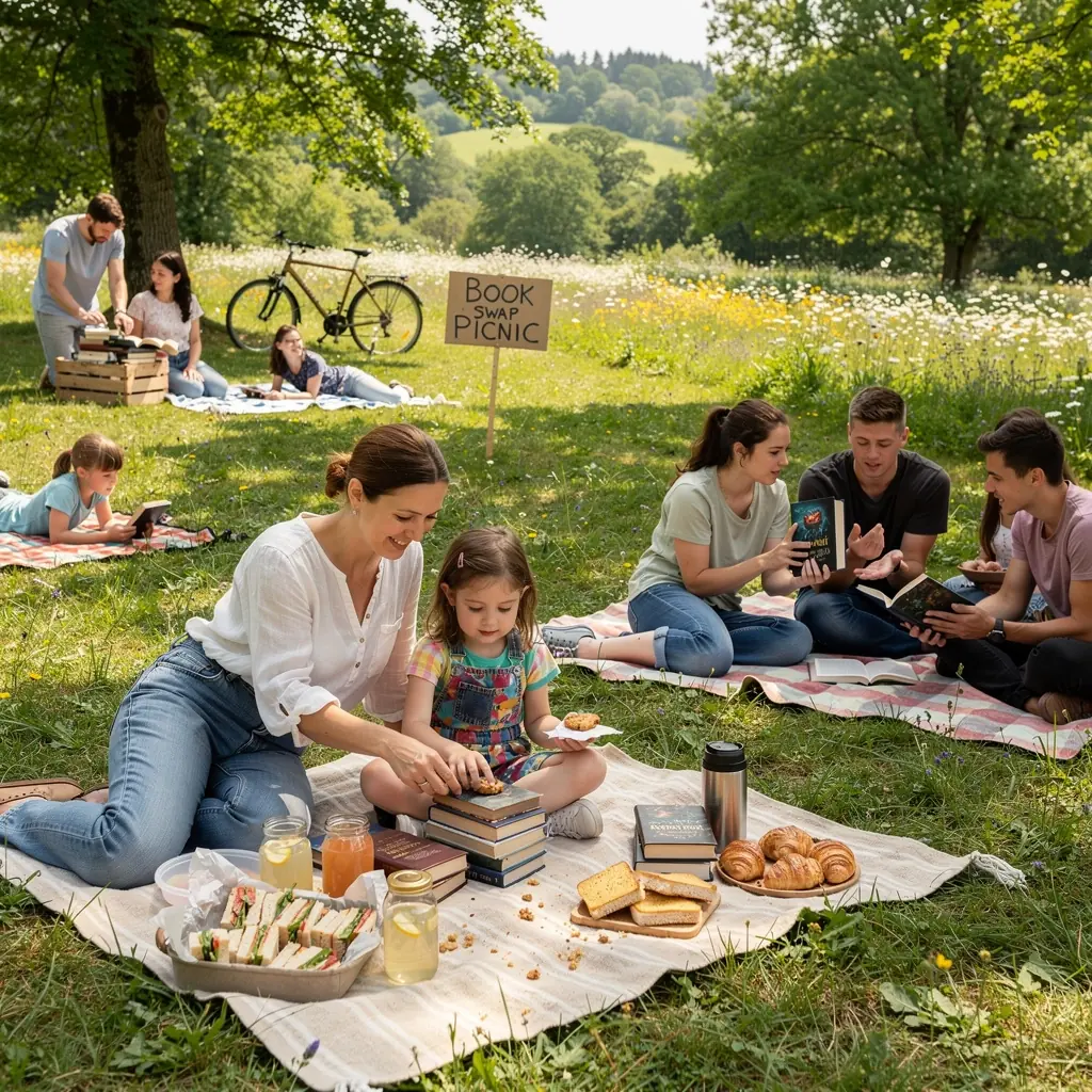 Skupina lidГ­ v parku, kteЕ™Г­ si vymД›Е€ujГ­ knihy a diskutujГ­ o literatuЕ™e