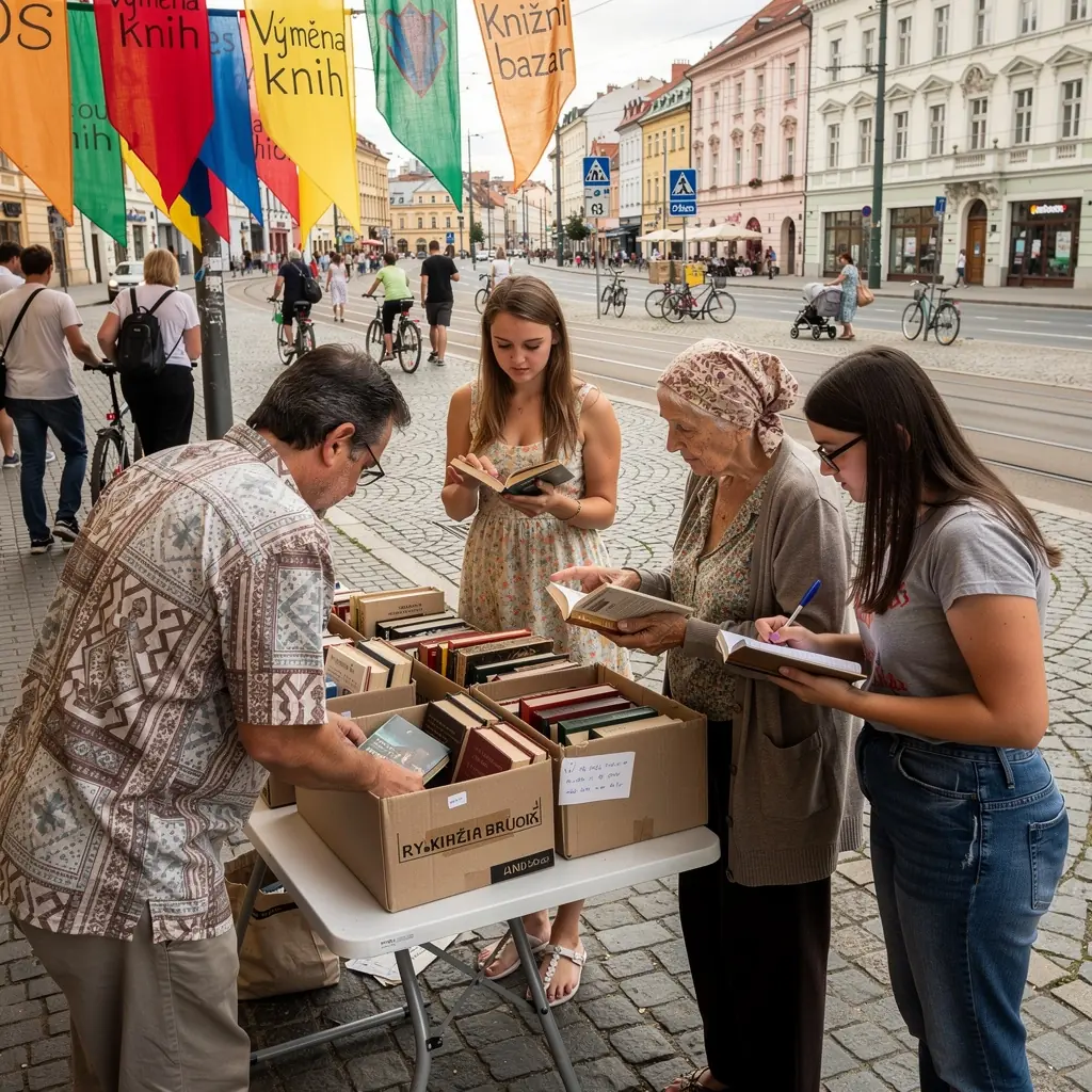 Knihy s různobarevnými obálkami uspořádané na stole při výměně.